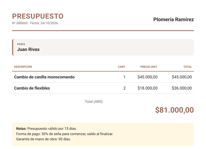 Presupuesto en PDF con el nombre del negocio, los ítems y el total
