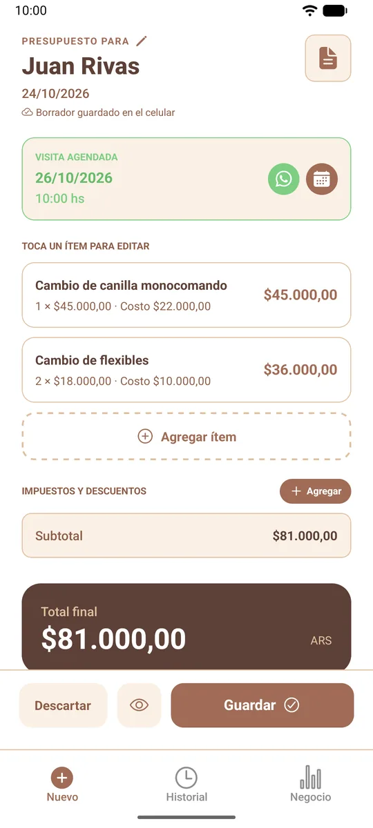 Presupuesto armado por la IA con dos ítems, la visita agendada y el total